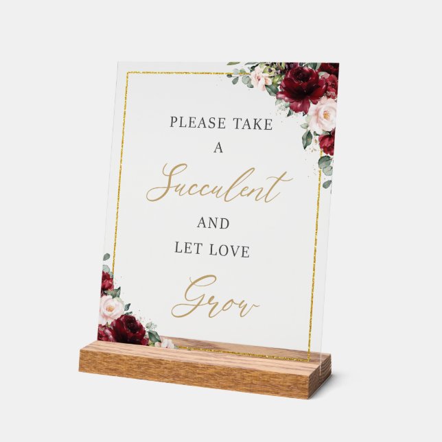 Burgundy Blush Floral Succulent Favor Love Grow Acrylic Sign (Angle)