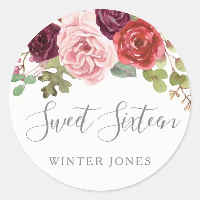 Burgundy Blush Floral Sweet 16 Favor Seal (Front)