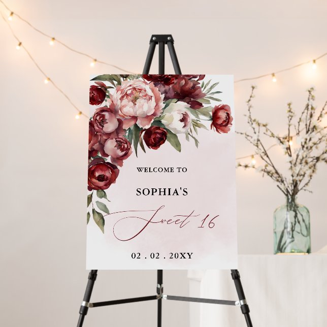 Burgundy Blush Floral Sweet 16 Welcome Sign (In Situ (Stand))