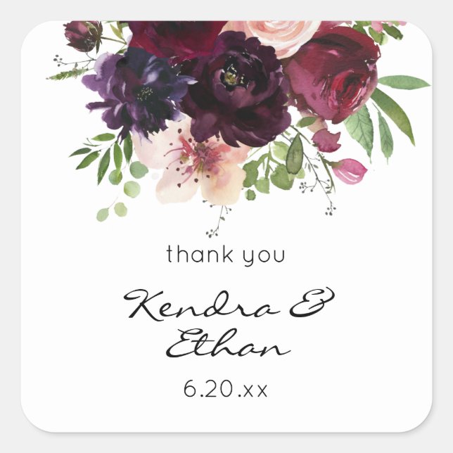 Burgundy & Blush Floral Thank You Square Sticker (Front)