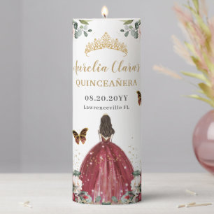 Burgundy Blush Floral Tiara Quinceañera Birthday Pillar Candle