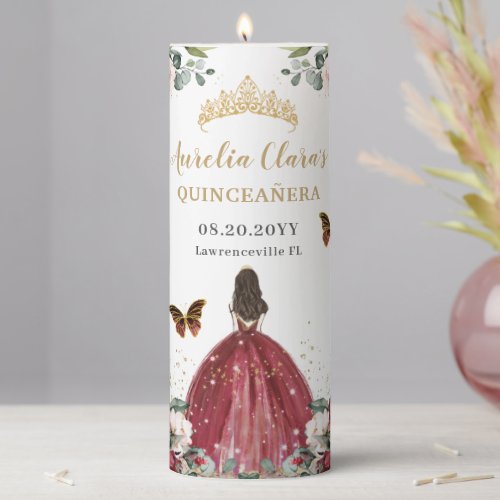 Burgundy Blush Floral Tiara Quinceaera Birthday Pillar Candle