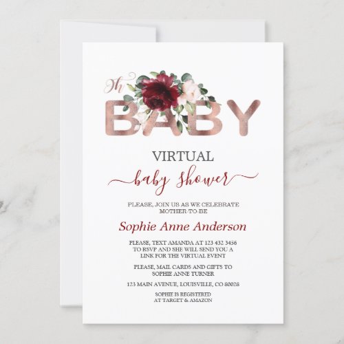 Burgundy Blush Floral Virtual Baby Shower By Mail Invitation