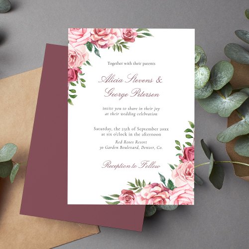 Burgundy blush floral watercolor elegant wedding invitation