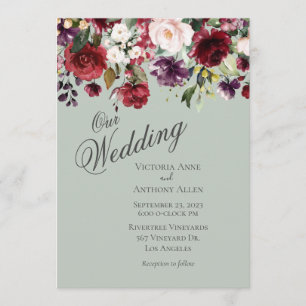 Burgundy Blush Floral Watercolor Green Wedding Invitation