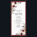 Burgundy Blush Floral Watercolor Script Wedding Menu<br><div class="desc">Create the perfect reception setting with this trendy 4"x 9" menu design featuring a bouquet of burgundy and pale pink flowers and botanical greenery, and is bordered in a rich burgundy red. Personalize your details accented with beautiful modern hand lettered calligraphy. Perfect for, but not limited to, that backyard and...</div>