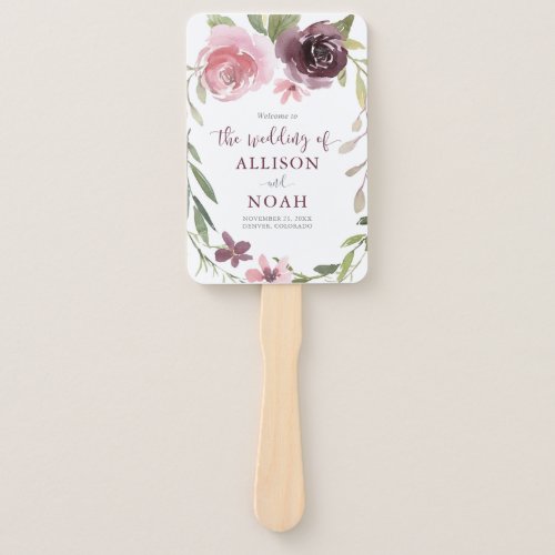 Burgundy blush floral watercolor wedding programs hand fan