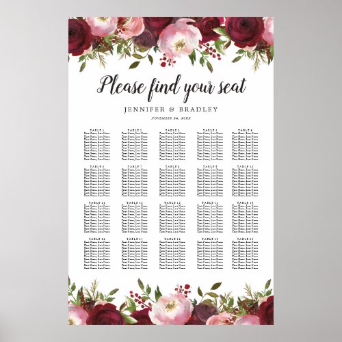 Burgundy Blush Floral Wedding 20 Table Chart