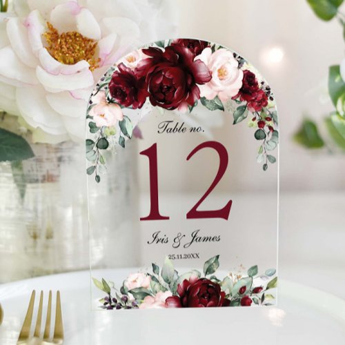 Burgundy Blush Floral Wedding Arch Table Number 