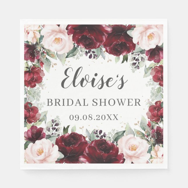 Burgundy Blush Floral Wedding Bridal Baby Shower   Napkins (Front)