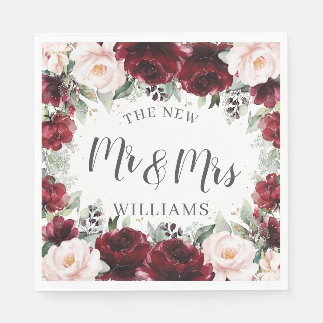 Burgundy Blush Floral Wedding Bridal Baby Shower  Napkins (Front)