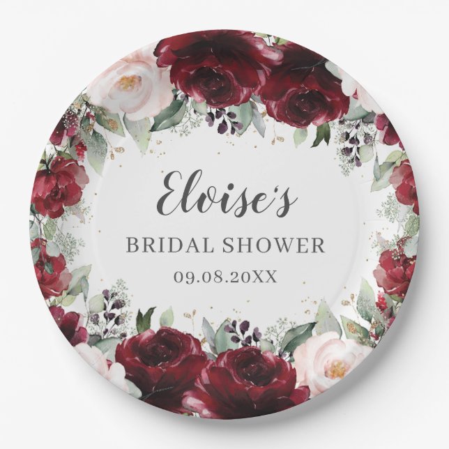 Burgundy Blush Floral Wedding Bridal Baby Shower Paper Plates (Front)
