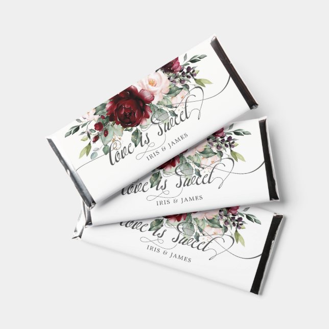 Burgundy Blush Floral Wedding Bridal Shower Sweet  Hershey Bar Favors (Front)