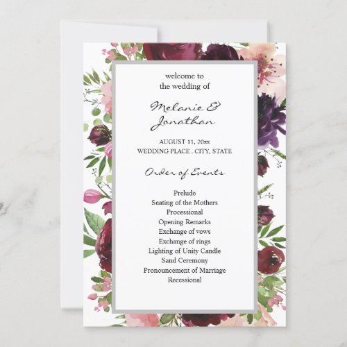 Burgundy  Blush Floral Wedding Ceremony Program