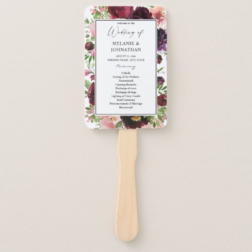 Burgundy  Blush Floral Wedding Ceremony Program  Hand Fan