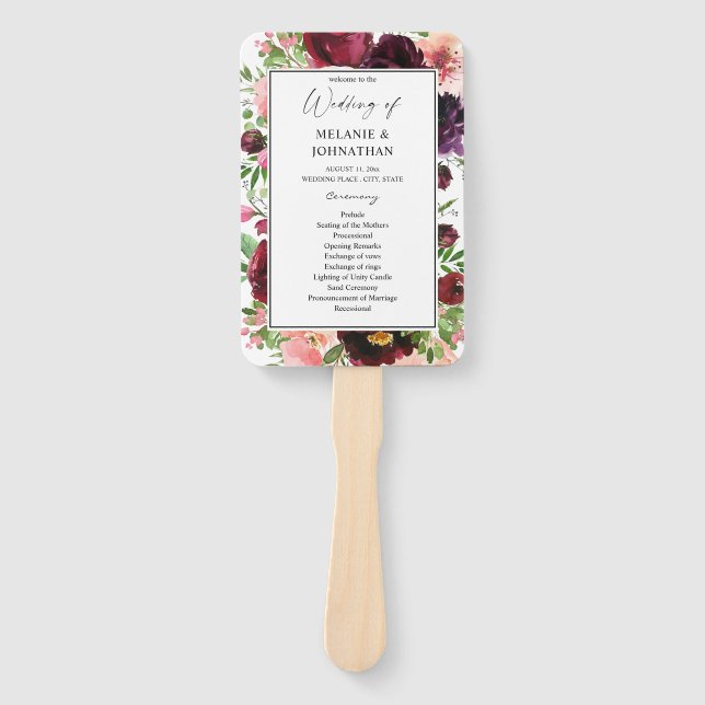 Burgundy & Blush Floral Wedding Ceremony Program  Hand Fan (Front)