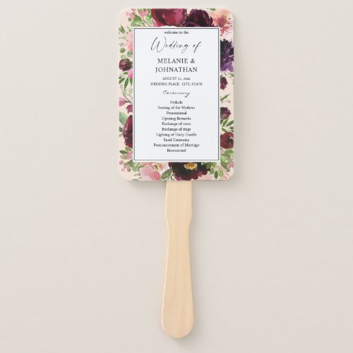 Burgundy  Blush Floral Wedding Ceremony Program P Hand Fan