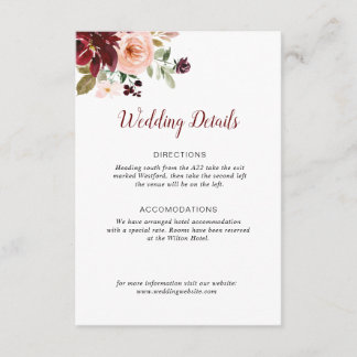 burgundy blush floral wedding details card