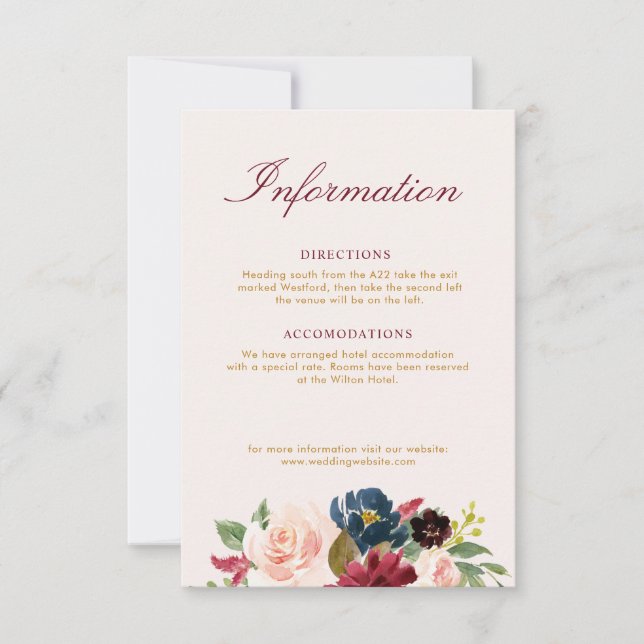 burgundy blush floral wedding details card (Front)