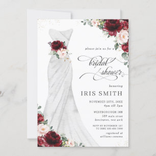 Burgundy Blush Floral Wedding Dress Bridal Shower Invitation