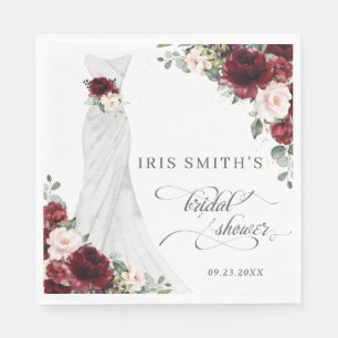 Burgundy Blush Floral Wedding Dress Bridal Shower Napkins