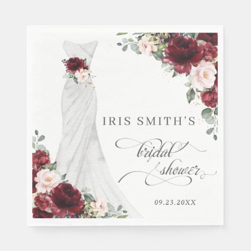 Burgundy Blush Floral Wedding Dress Bridal Shower Napkins