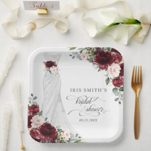Burgundy Blush Floral Wedding Dress Bridal Shower Paper Plates