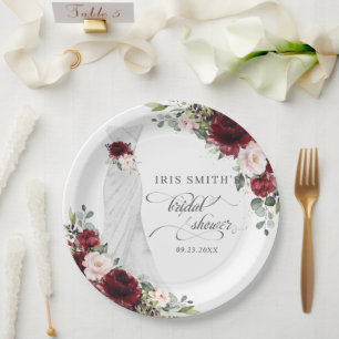 Burgundy Blush Floral Wedding Dress Bridal Shower Paper Plates