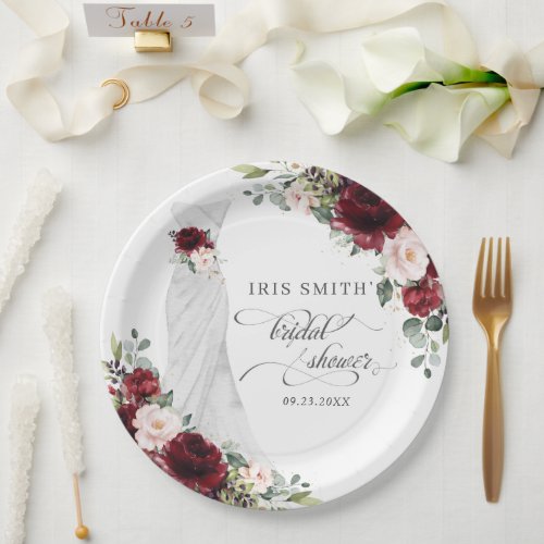 Burgundy Blush Floral Wedding Dress Bridal Shower Paper Plates