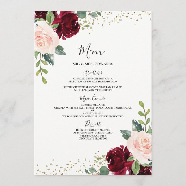 Burgundy & Blush Floral Wedding Engagement Dinner Menu (Front)