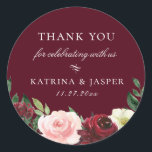 Burgundy Blush Floral Wedding Favor Classic Round Sticker<br><div class="desc">Chic watercolor flowers and botanical branches in shades of blush pink,  white,  green and burgundy red,  personalized wedding favor sticker. Background shown in,  burgundy red,  can be customized. Designed to match our Burgundy Blush Botanical Floral Collection.</div>
