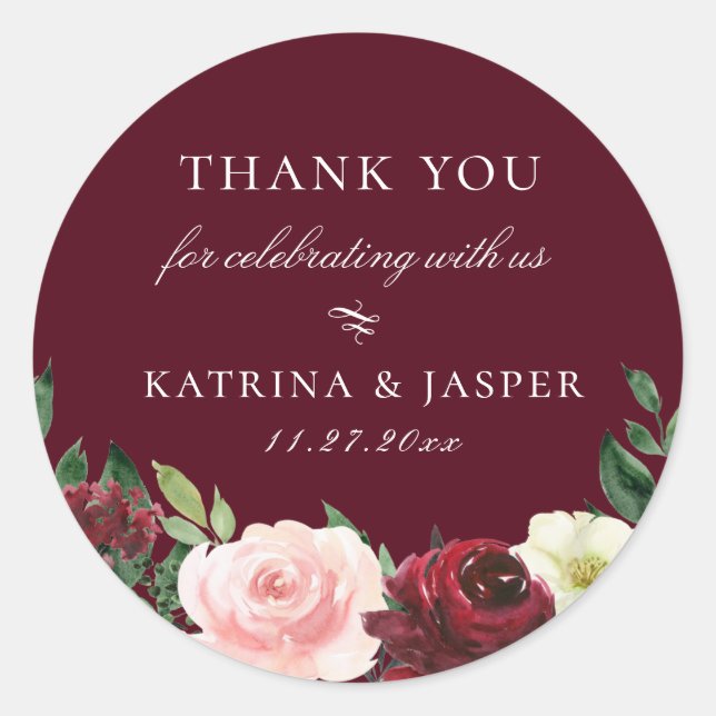 Burgundy Blush Floral Wedding Favor Classic Round Sticker (Front)