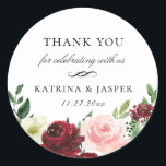 Burgundy Blush Floral Wedding Favor Classic Round Sticker<br><div class="desc">Elegant watercolor bouquet of flowers and green botanical branches in shades of blush pink and burgundy red,  personalized wedding favor sticker. Designed to match our Burgundy Blush Botanical Floral Collection.</div>