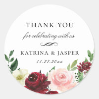 Burgundy Blush Floral Wedding Favor Classic Round Sticker