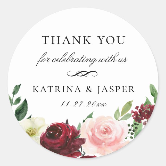 Burgundy Blush Floral Wedding Favor Classic Round Sticker (Front)