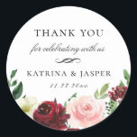 Burgundy Blush Floral Wedding Favor Classic Round Sticker<br><div class="desc">Elegant watercolor bouquet of flowers and green botanical branches in shades of blush pink and burgundy red,  personalized wedding favor sticker. Designed to match our Burgundy Blush Botanical Floral Collection.</div>
