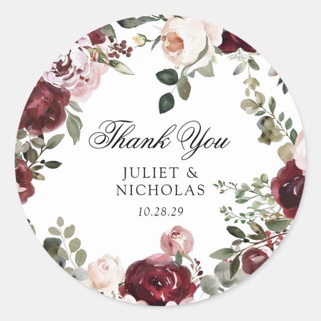 Burgundy & Blush Floral Wedding Favor Classic Round Sticker (Front)
