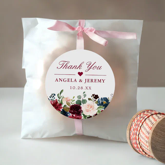 Burgundy Blush Floral Wedding Favor Thank You Classic Round Sticker ...