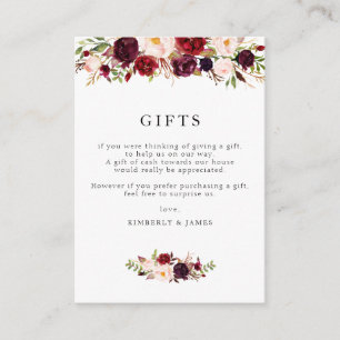 Burgundy & blush floral wedding gifts card