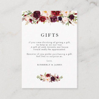 Burgundy & blush floral wedding gifts card