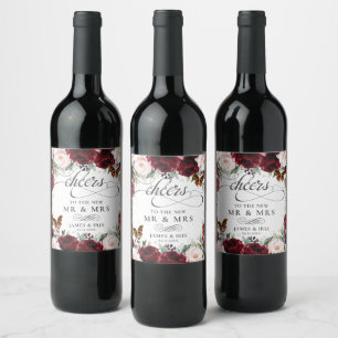 Burgundy Blush Floral Wedding Gold Butterflies Wine Label