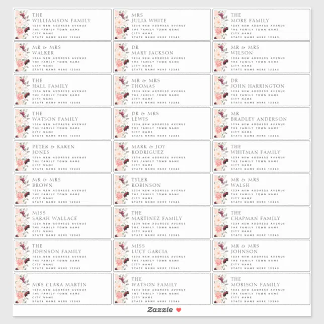 Burgundy Blush Floral Wedding Guest Address Labels | Zazzle