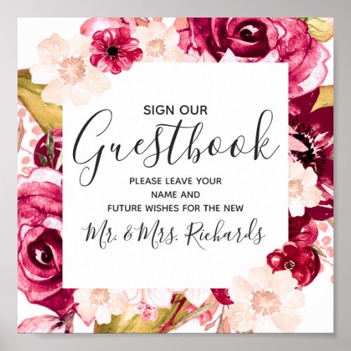 Burgundy Blush Floral Wedding Guestbook Table Sign