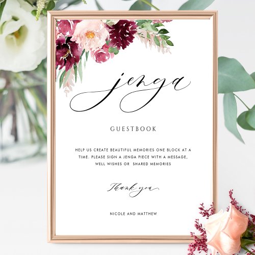 Burgundy Blush Floral Wedding Jenga Guestbook Sign