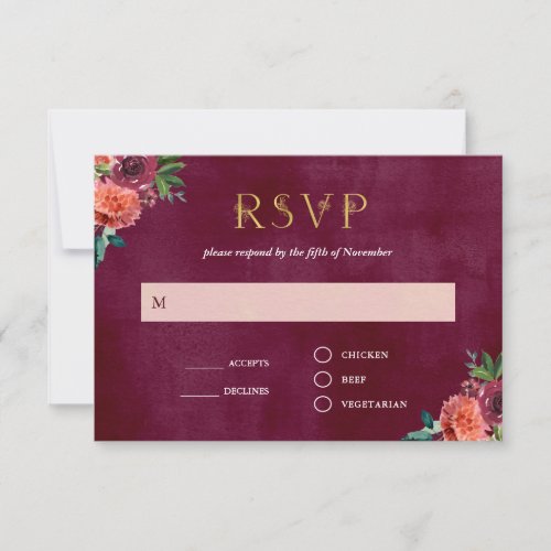 Burgundy Blush  Floral Wedding Meal Choice RSVP