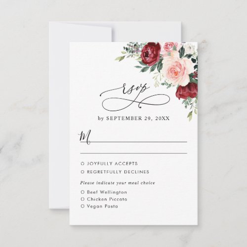 Burgundy Blush Floral Wedding Meal Options RSVP Card