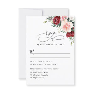 Burgundy Blush Floral Wedding Meal Options RSVP Card