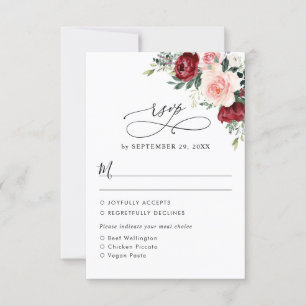 Burgundy Blush Floral Wedding Meal Options RSVP Card