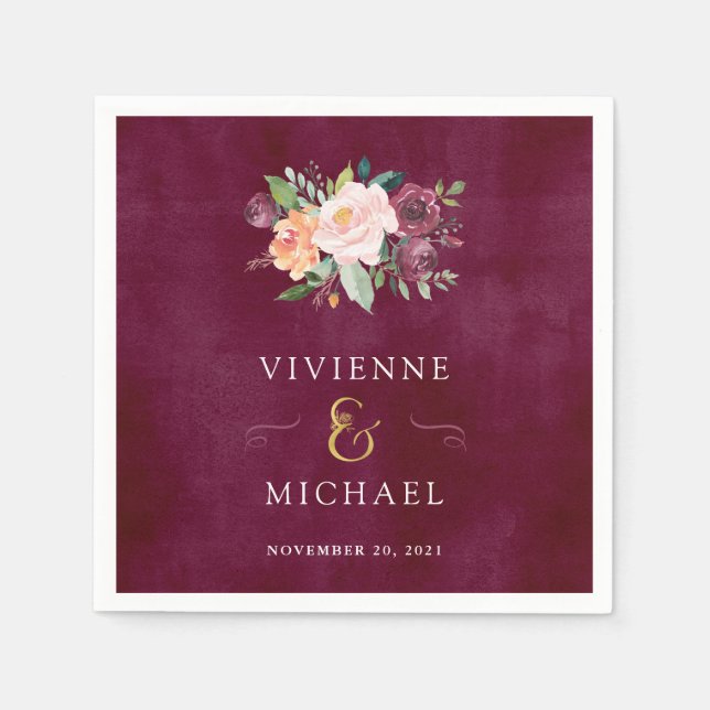 Burgundy Blush | Floral Wedding Napkins (Front)