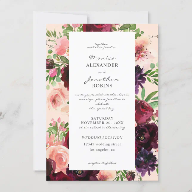 Burgundy & Blush Floral Wedding on Pink Invitation | Zazzle